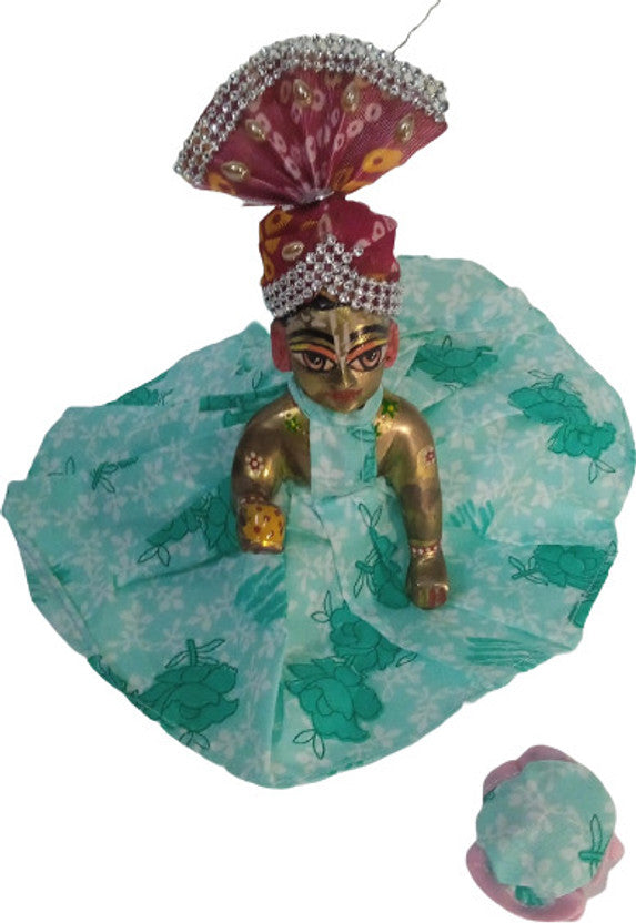 Shyam Diwane Set 2: Laddu Gopal Ji in a random-patterned cotton dress and pagdi (size 6).