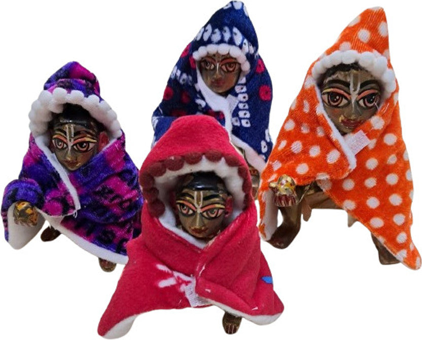 Shyam Diwane Set of 4 Laddu Gopal Ji Winter Hoodies in size 0-1. The set includes dresses in random colors.