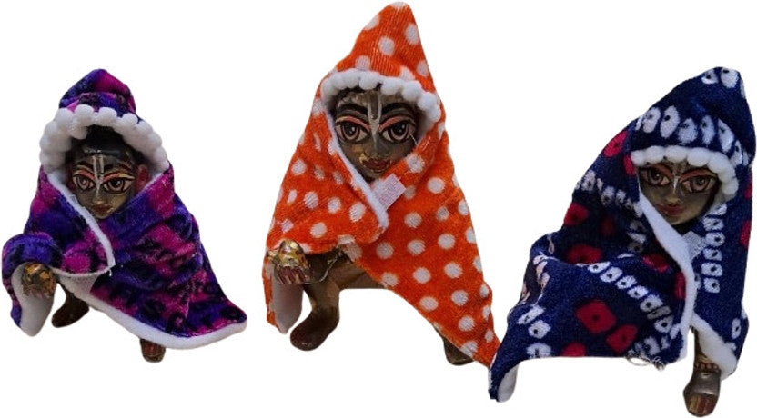 Shyam Diwane set of 4 Laddu Gopal Ji winter hoodies in random colors, sizes 0 and 1.