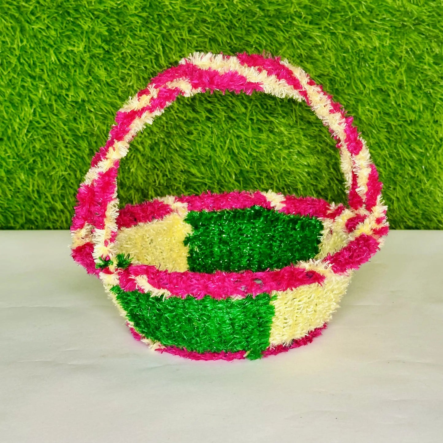 Front view of a Colorful Woolen Handmade Laddu Gopal Carry Basket.