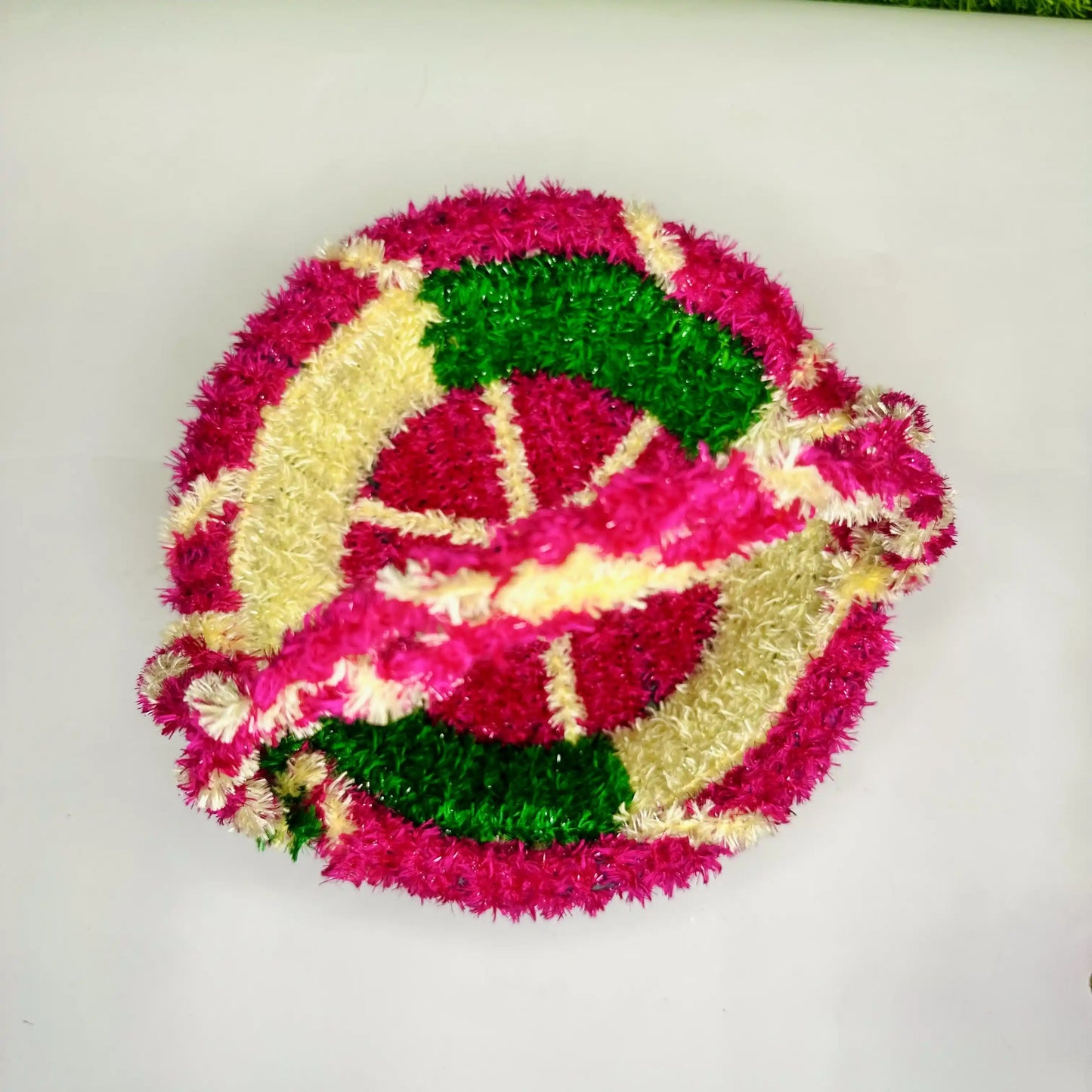 Top view of a Colorful Woolen Handmade Laddu Gopal Carry Basket.