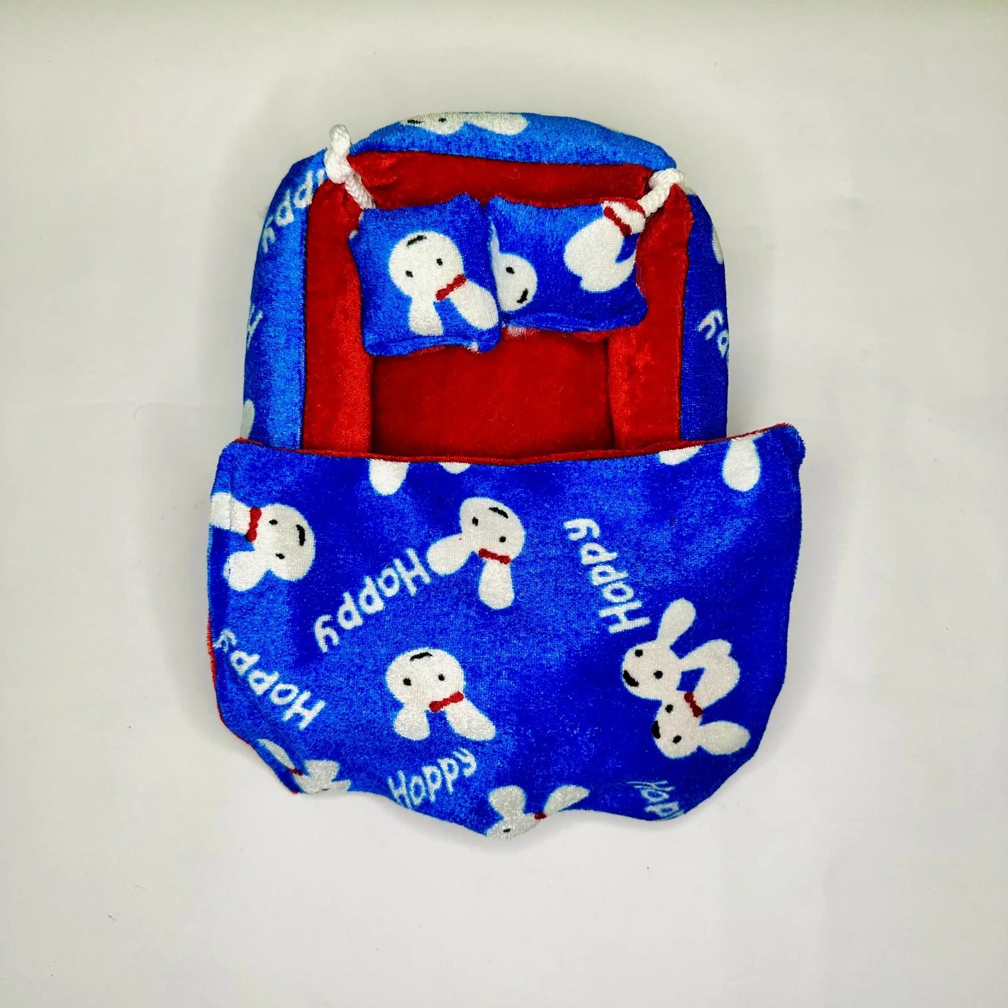 A Blue & Red Bunny Print Winter Laddu Gopal ji Bedding Set with Pillow with Blanket.
