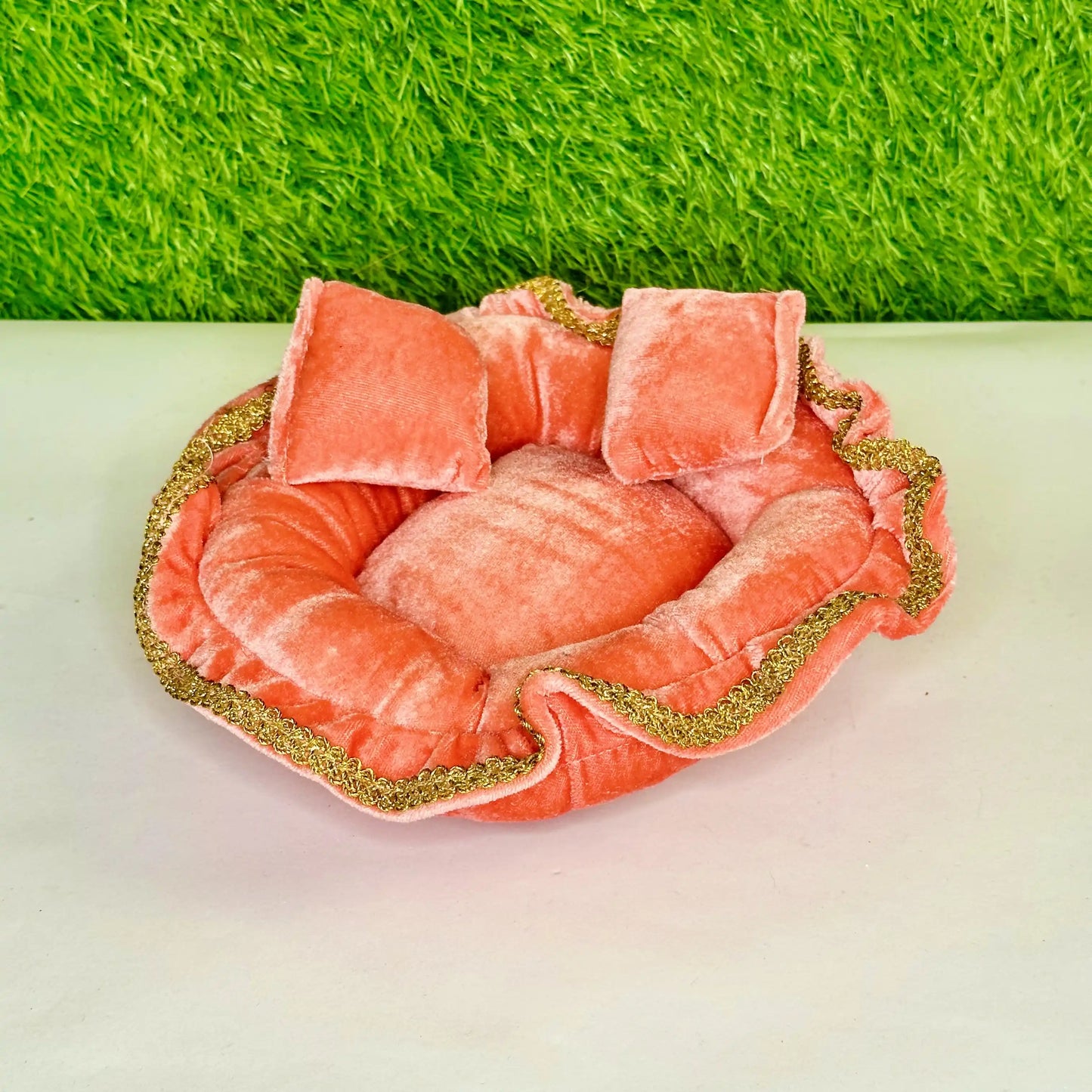 Front view of an Elegant Orange Velvet Laddu Gopal Bedding Set with Golden Lace, Blanket & Pillow.