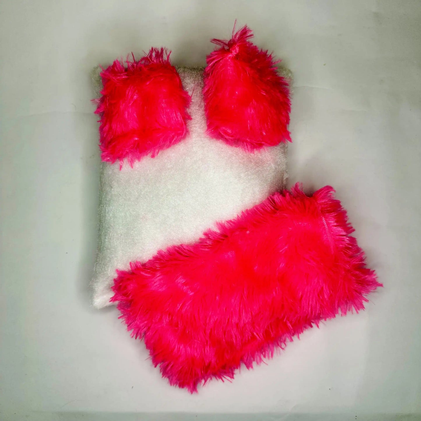 Top View of a Luxury Hot Pink Furry Laddu Gopal Bedding Set with Matching Pillow & Blanket