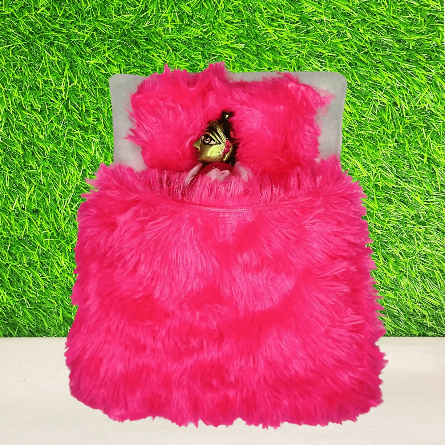 Top View of Laddu gopal ji sleeping in a Luxury Hot Pink Furry Laddu Gopal Bedding Set with Matching Pillow & Blanket