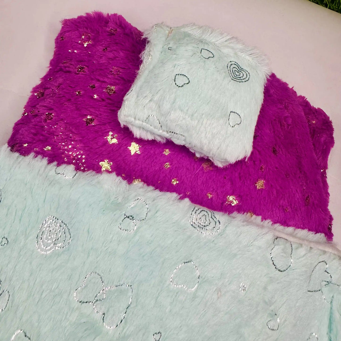 Close up view of a Mint Green & Purple Furry Laddu Gopal Bedding Set with Heart Print Blanket and Star Base