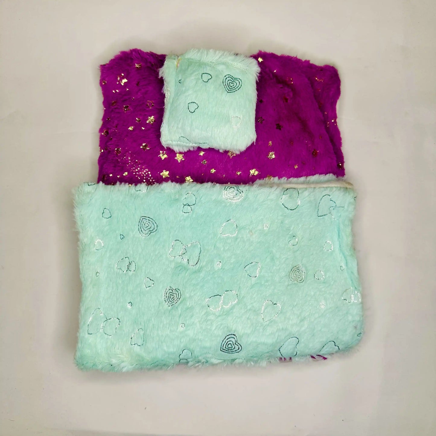 Top view of a Mint Green & Purple Furry Laddu Gopal Bedding Set with Heart Print Blanket and Star Base