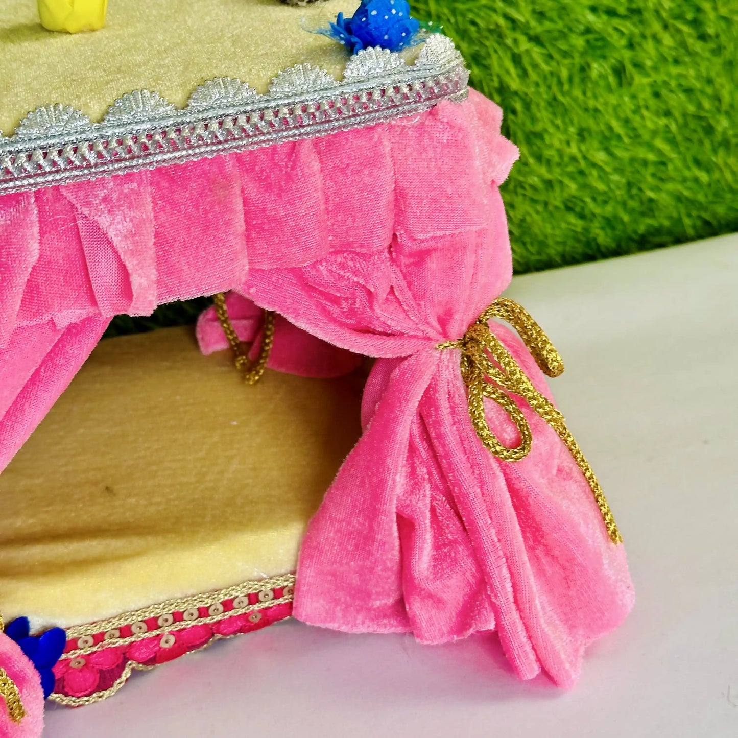 Close view of a Beautiful Pink Velvet Parda Singhasan for Laddu Gopal Ji.