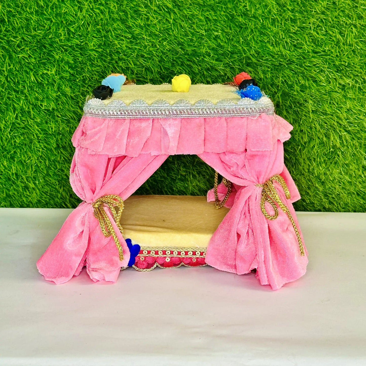 Front view of a Beautiful Pink Velvet Parda Singhasan for Laddu Gopal Ji.