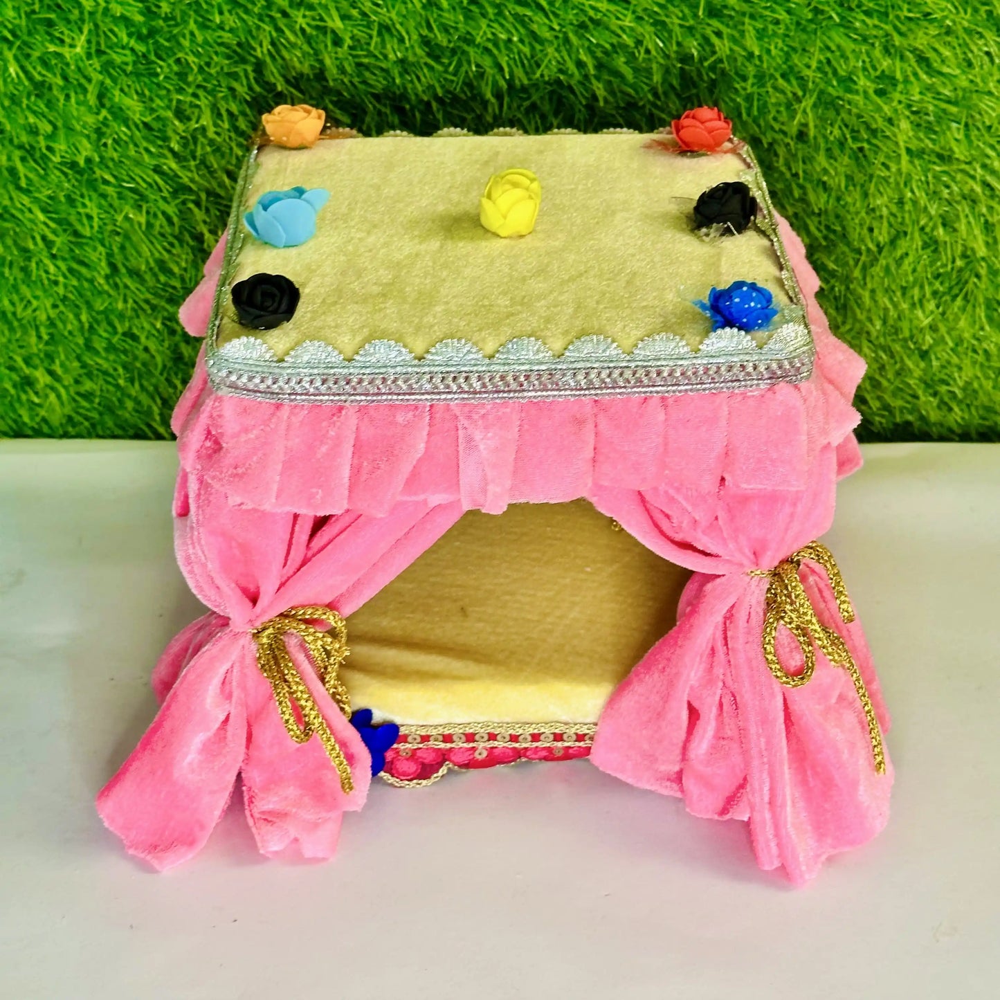 Top view of a Beautiful Pink Velvet Parda Singhasan for Laddu Gopal Ji.