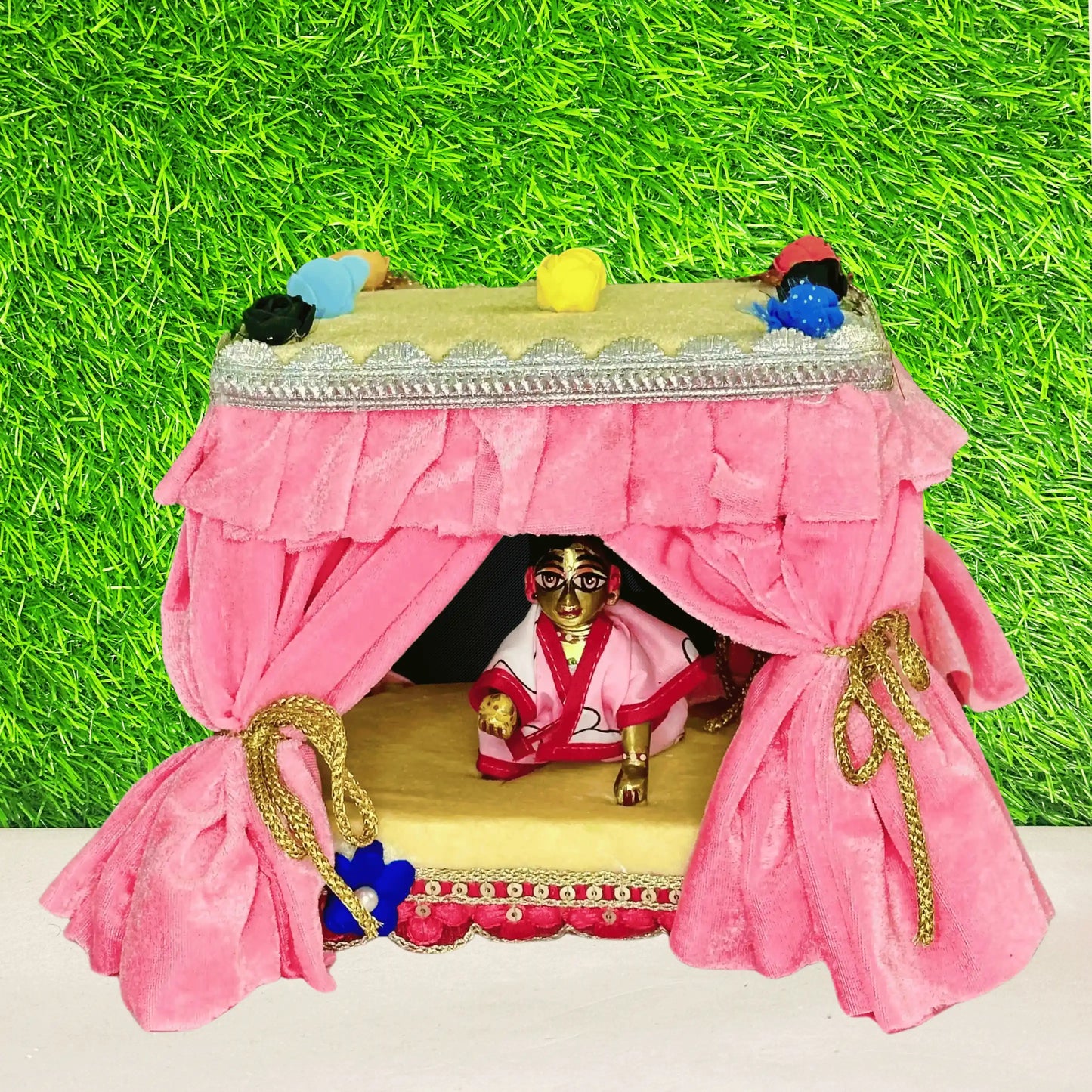 Kanha ji sitting in a Beautiful Pink Velvet Parda Singhasan for Laddu Gopal Ji.
