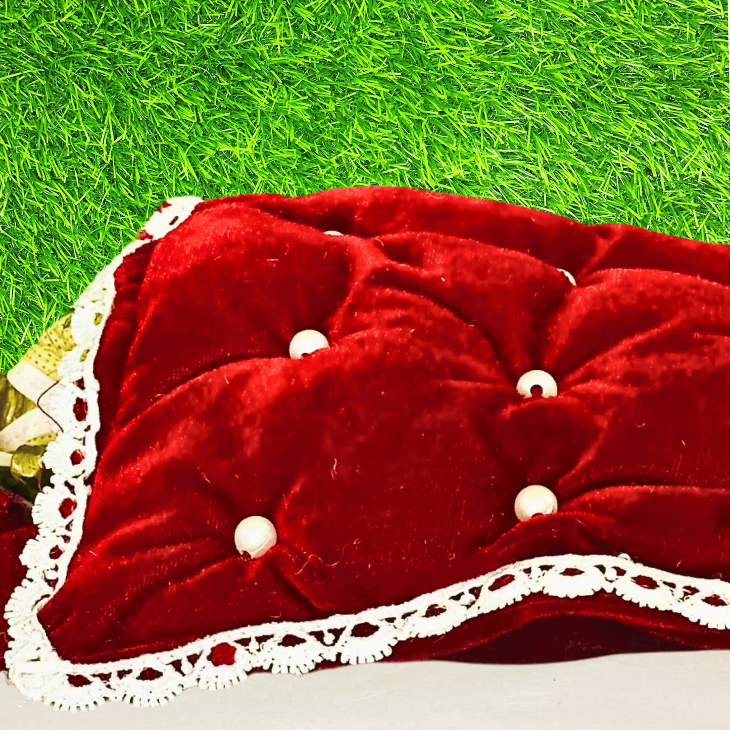 Close view of a Premium Maroon Shaneel Laddu Gopal Bedding Set with Blanket & Pillow.