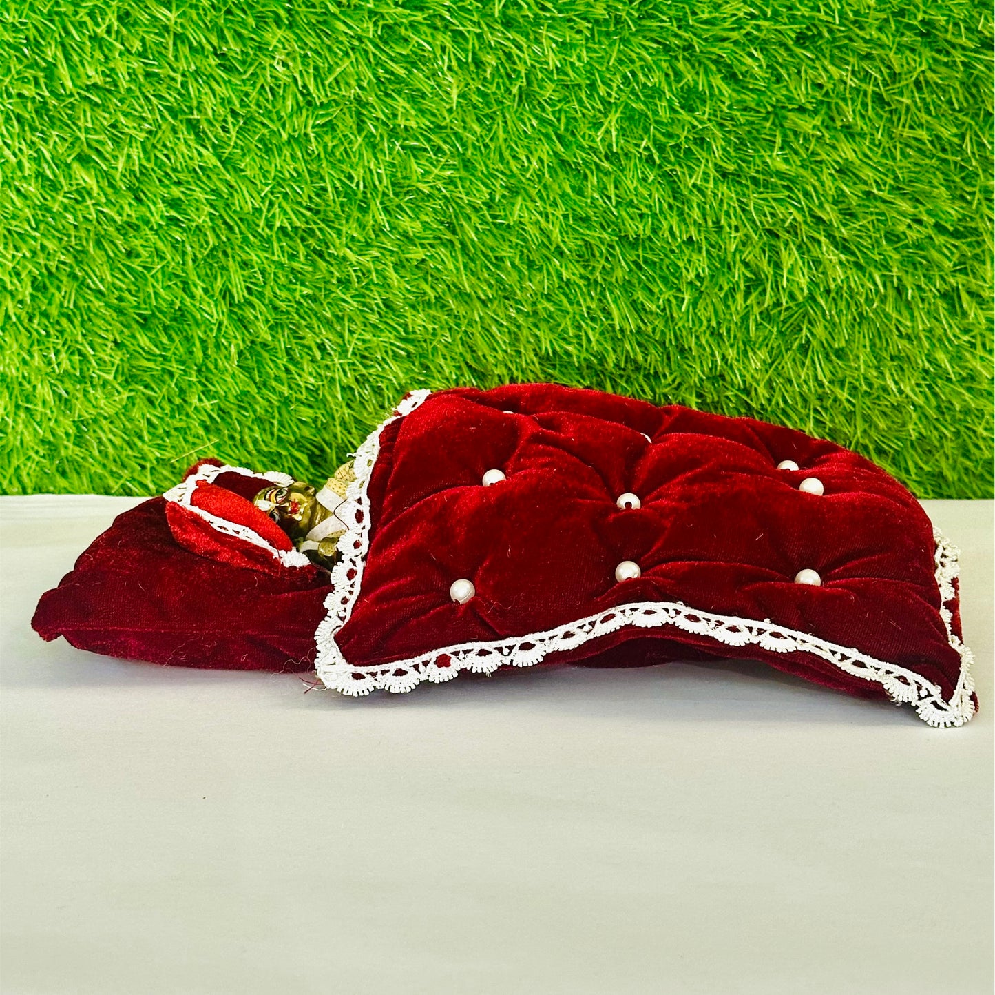 Front view of a Premium Maroon Shaneel Laddu Gopal Bedding Set with Blanket & Pillow.