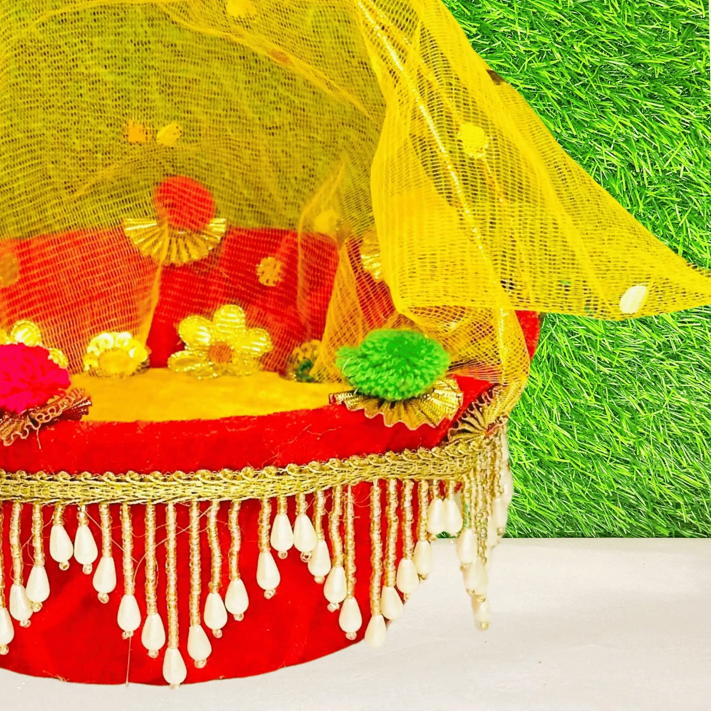 Close view of a Red & Yellow Heavy Lace Work Laddu Gopal Carry Basket.