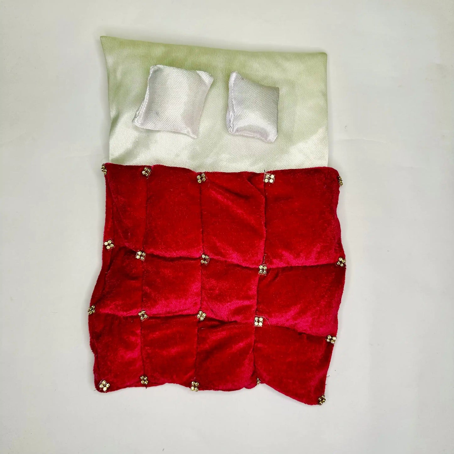 Top view of a Royal Red Velvet Laddu Gopal Bedding Set with Golden Stone Work Blanket & Satin Base