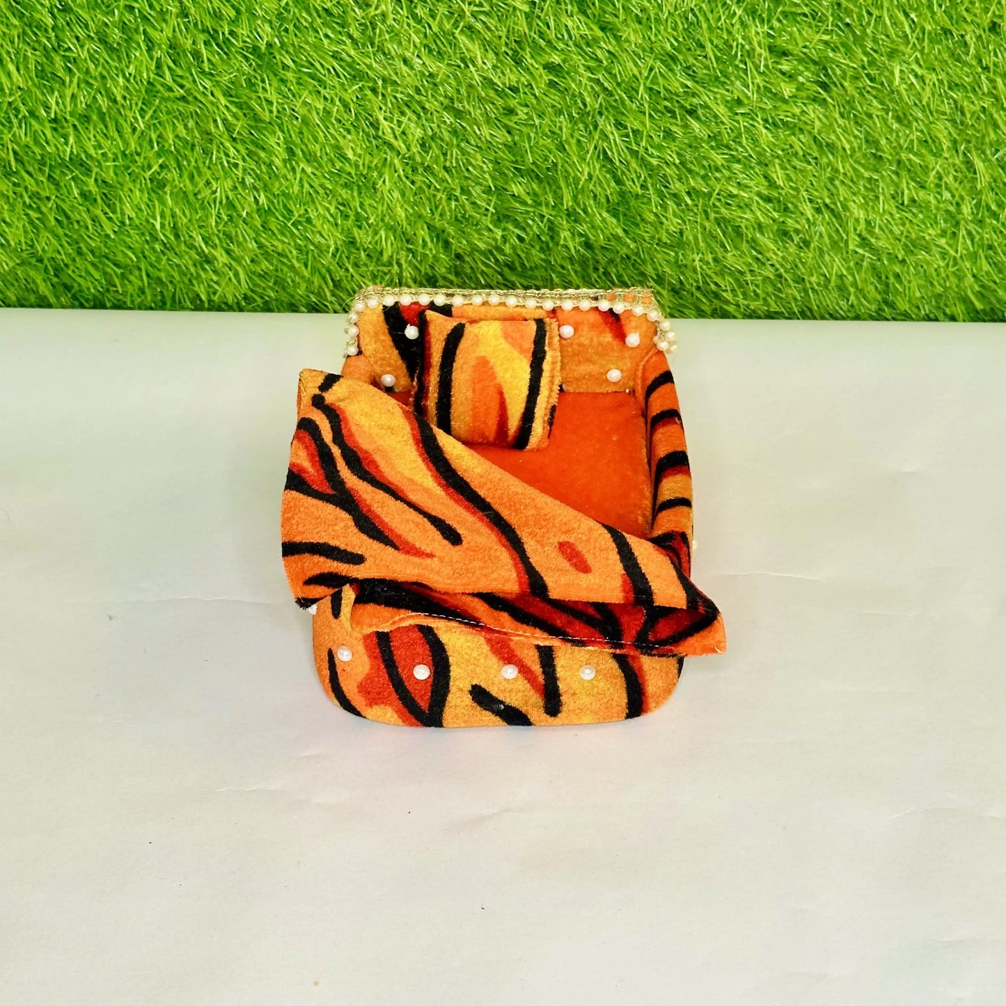Front view of a Tiger Print Soft Velvet Laddu Gopal Bedding Set with Pearl Work & Blanket.