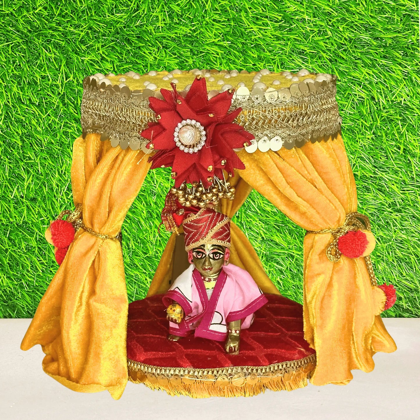 Laddu gopal ji sitting on a Royal Yellow Velvet Singhasan for kanha Ji with Pom-Pom Curtains, Pearl Decoration & LED Lights