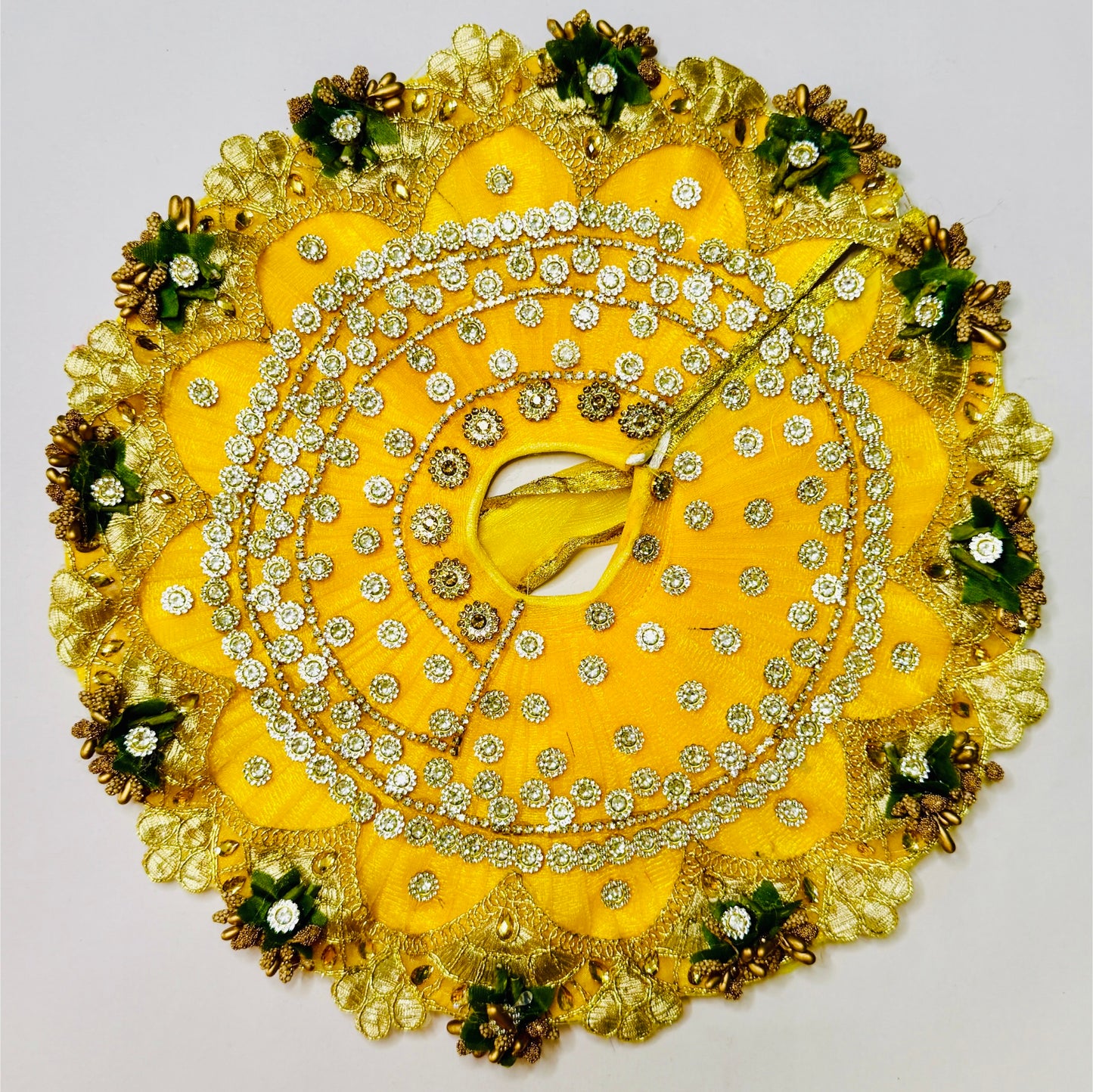 Top view of a Yellow Velvet Stone Chain Work Heavy Laddu Gopal Dress.