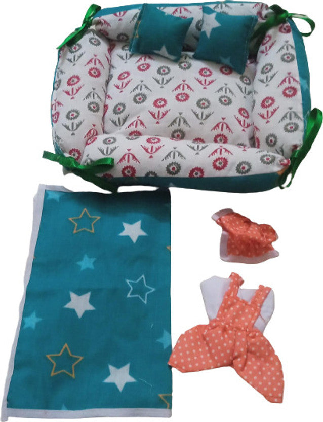 Shyam Diwane Combo: Two Laddu Gopal Ji cotton gaddis with bib and suit in size 0-2, featuring a random dress design.