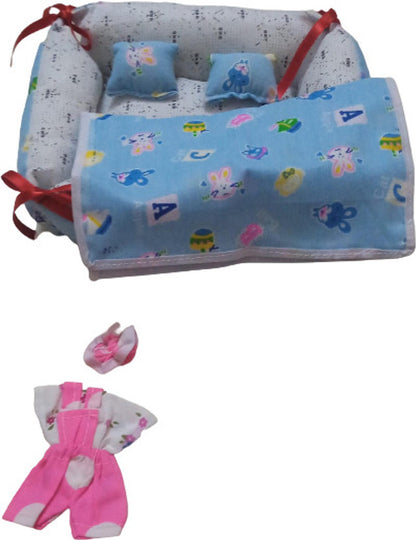 Shyam Diwane Combo of two Laddu Gopal Ji cotton gaddis with bib and suit in size 0-2, featuring a random assortment of dresses.
