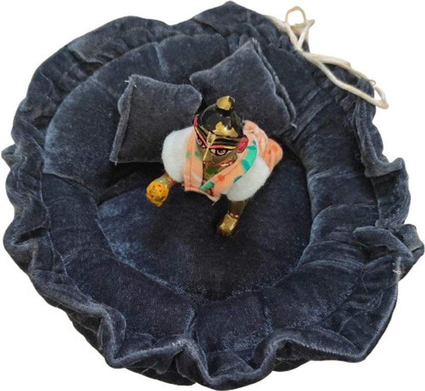 Laddu Gopal Ji in a random colored velvet winter dress and gaddi set from Shyam Diwane, size 4-6.