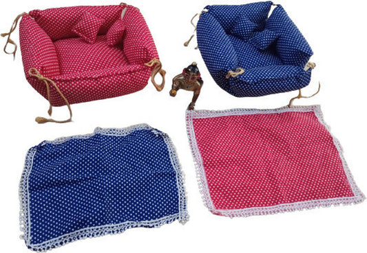 Shyam Diwane Laddu Ji Cotton Gaddi Bister Set: A comfortable cotton bedding set for Laddu Gopal, size 3-4M, including a gaddi (mattress) and bister (bedding). Dress D1961 is also included, style may vary.