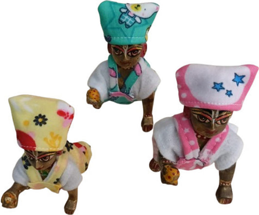 Shyam Diwane peck of 3 Laddu Gopal Ji winter bib sut, size 0-1, in a random color dress.