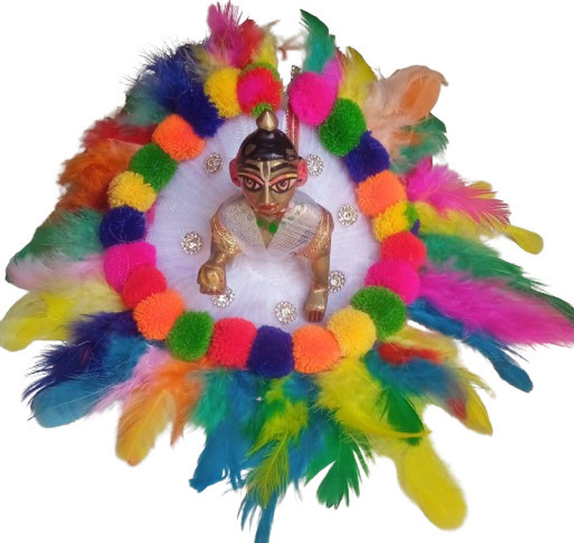 Shyam Diwane Laddu Gopal fancy festival dress choli mukut set size 2. This set includes a colorful dress, choli, and mukut (crown) for your Laddu Gopal idol.