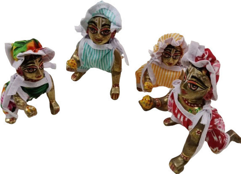 Shyam Diwane Set of 4 Laddu Gopal Summer Cotton Jump Suits in assorted colors, sizes 0 and 1. These comfortable cotton jumpsuits are perfect for dressing your Laddu Gopal during the summer months.