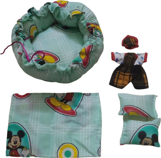 Shyam Diwane Combo: Two Laddu Gopal Ji cotton gaddis with bib and suit in size 5-6, featuring a random assortment of dresses.